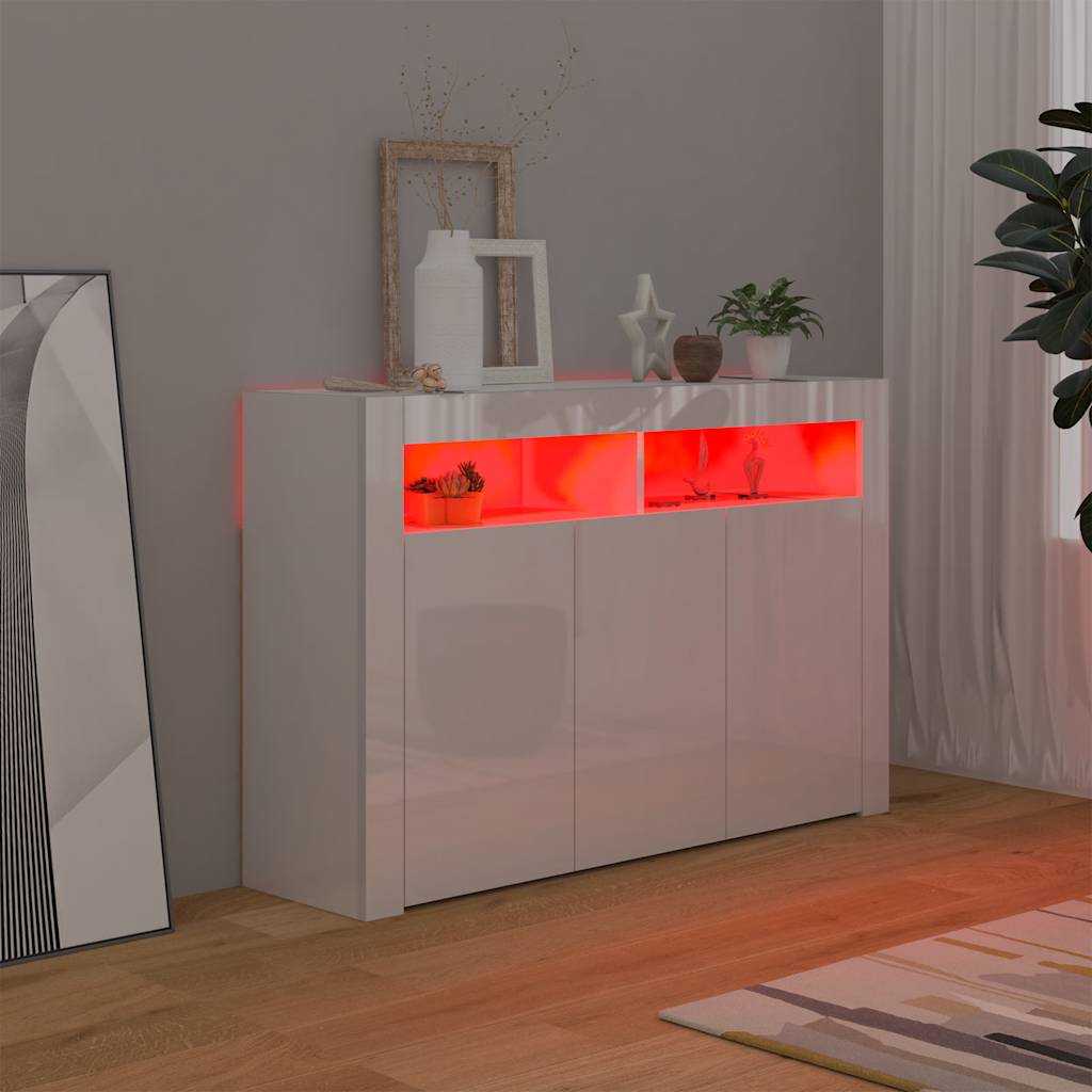 skænk med LED-lys 115,5x30x75 cm hvid højglans