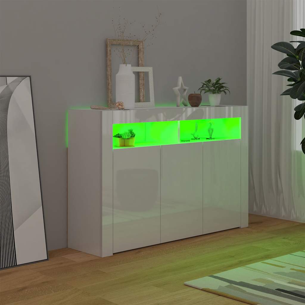 skænk med LED-lys 115,5x30x75 cm hvid højglans