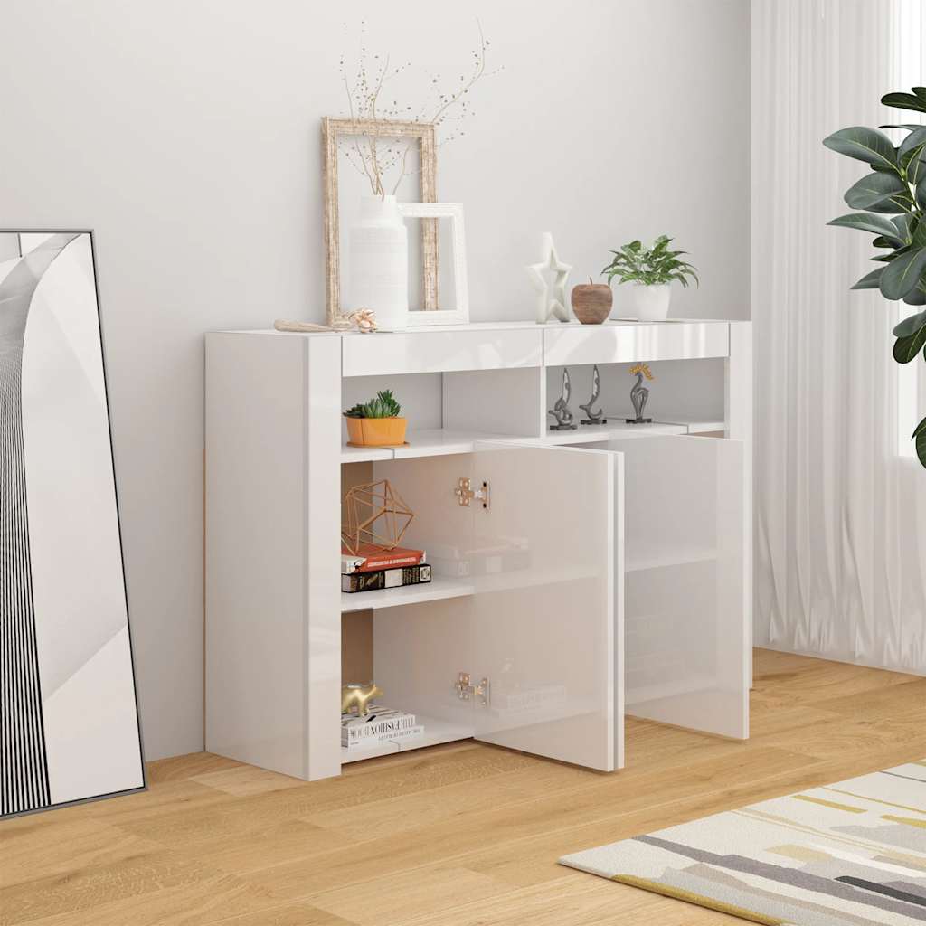skænk med LED-lys 115,5x30x75 cm hvid højglans