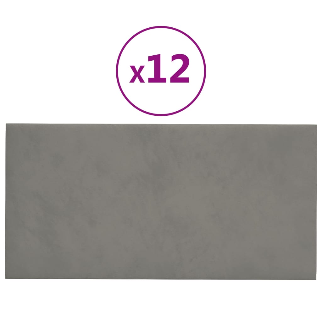 vægpaneler 12 stk. 30x15 cm 0,54 m² fløjl lysegrå