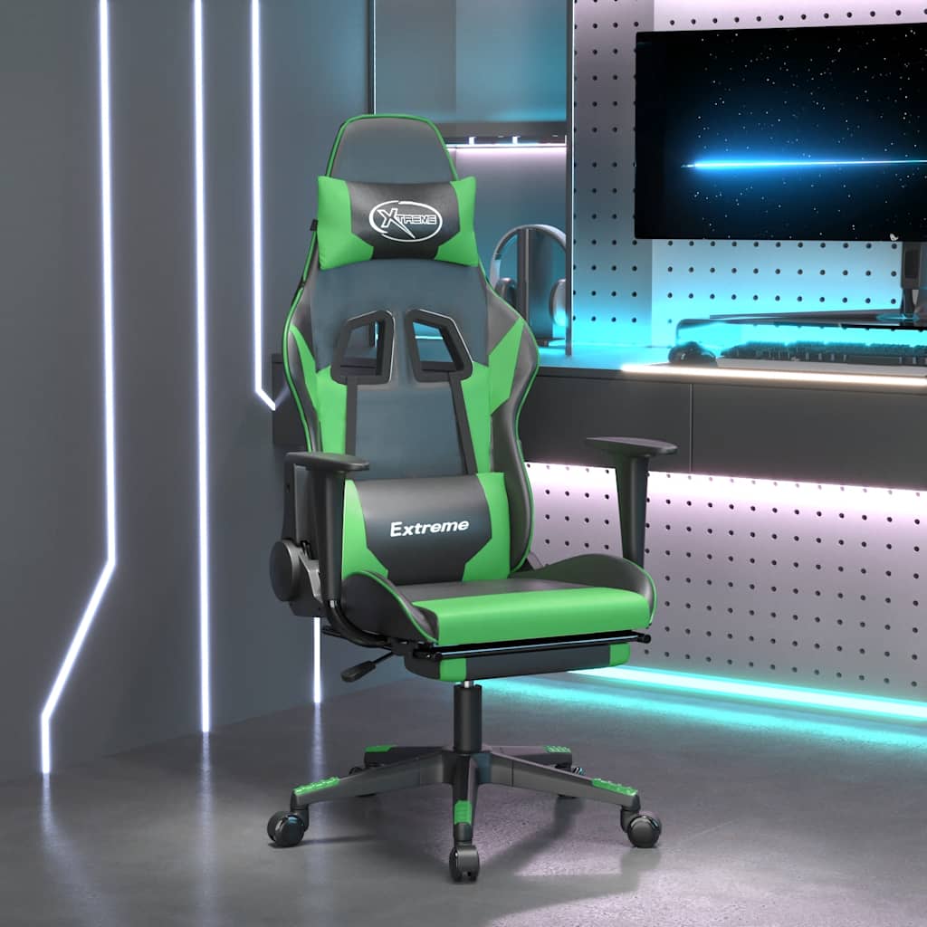 gamingstol m. massagefunktion og fodstøtte kunstlæder sort grøn