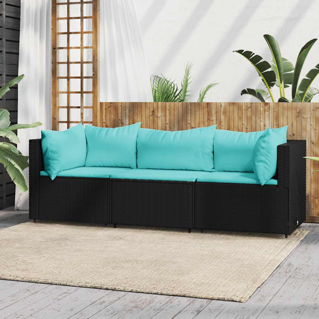 loungesæt til haven 3 dele med hynder polyrattan sort