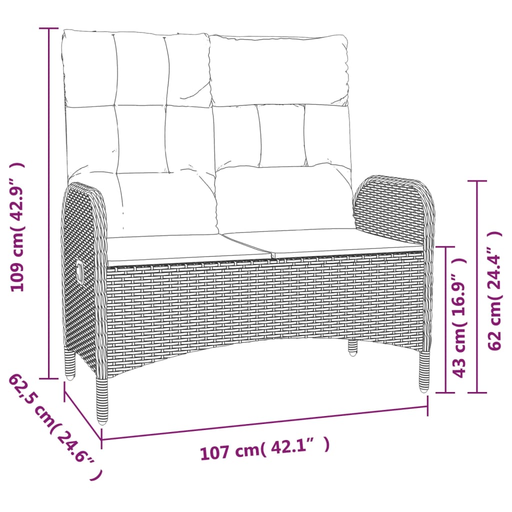 havebænk med lænefunktion og hynder 107 cm polyrattan grå