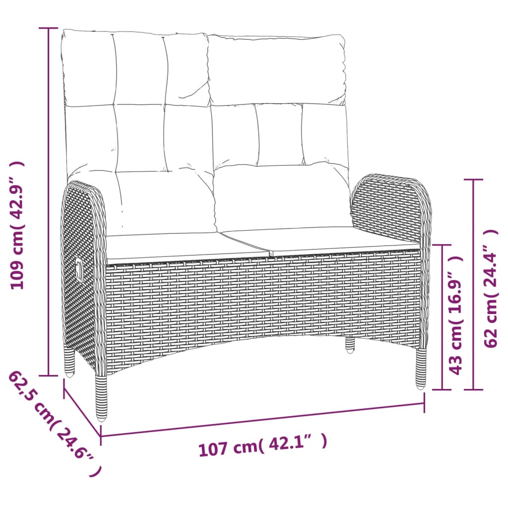 havebænk med lænefunktion og hynder 107 cm polyrattan sort