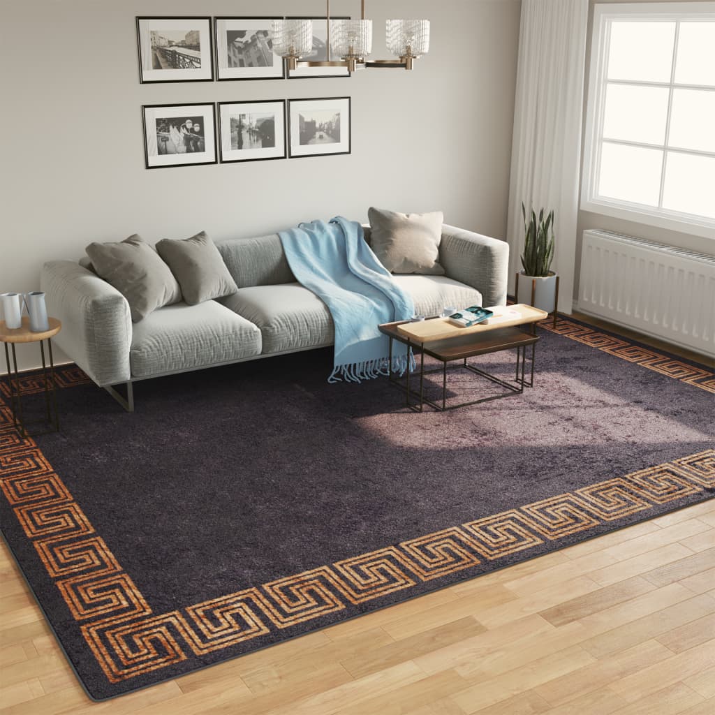 gulvtæppe 400x300 cm vaskbart og skridsikkert sort + guldfarvet