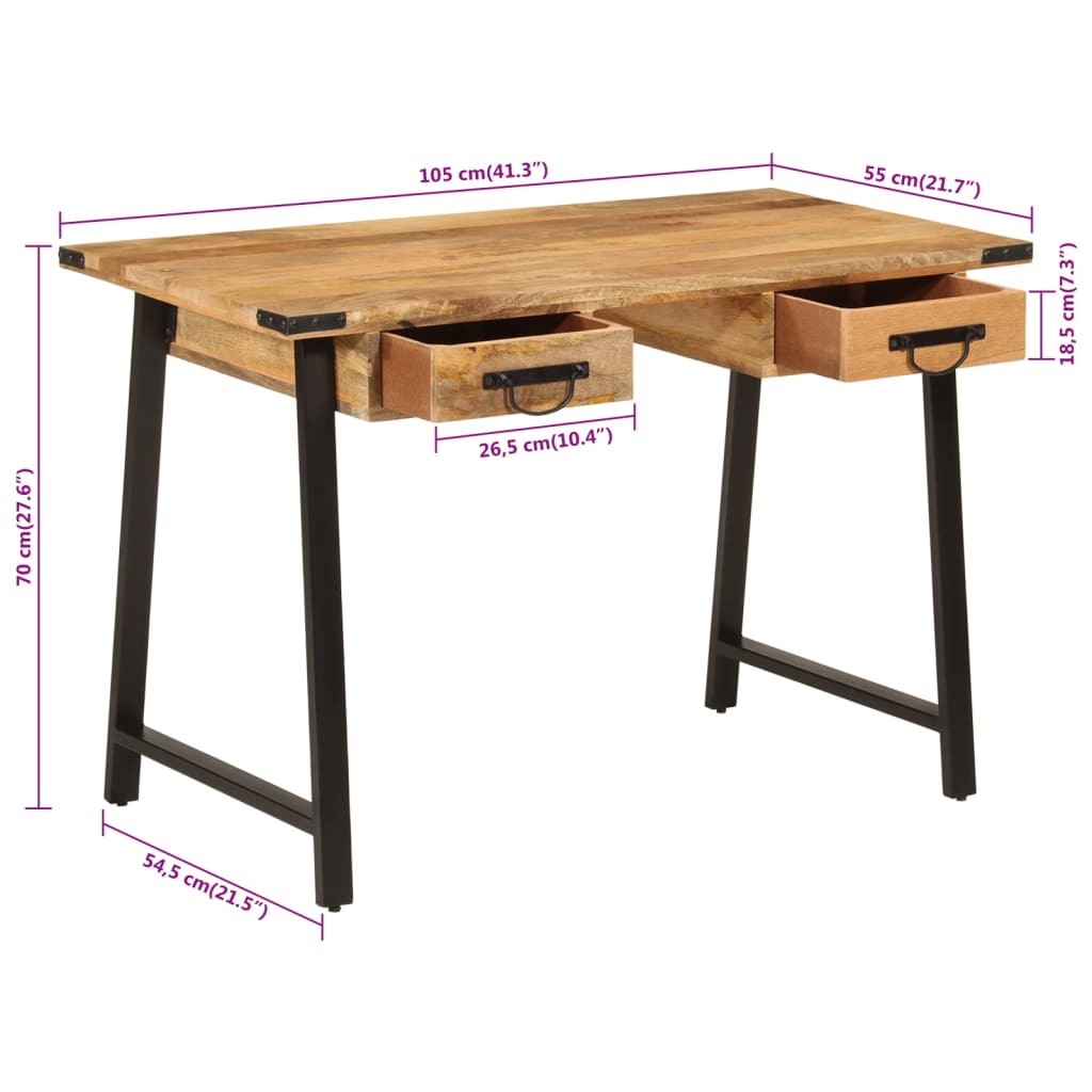 skrivebord med skuffer 105x55x70 cm massivt mangotræ og jern