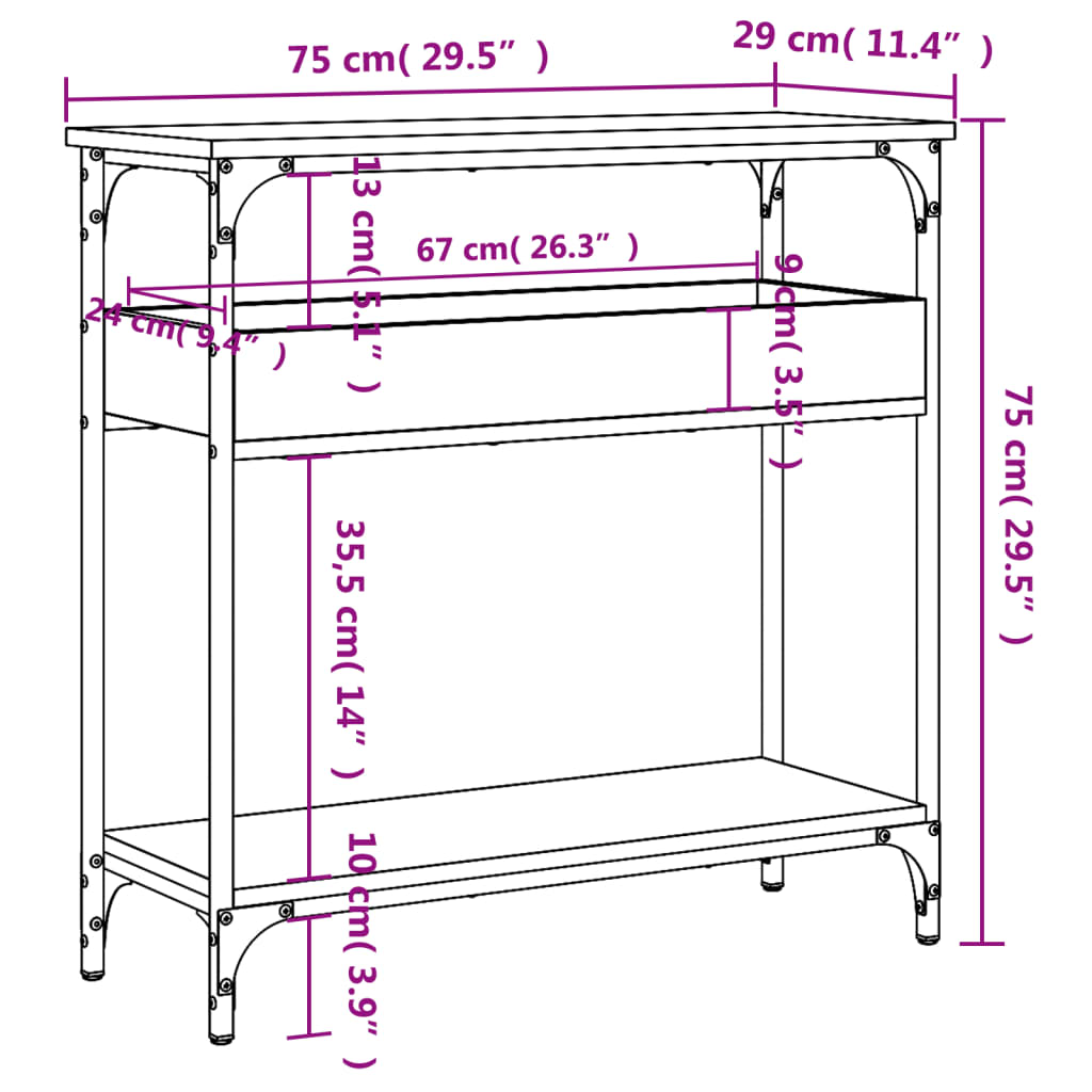 konsolbord med hylde 75x29x75 cm konstrueret træ sort