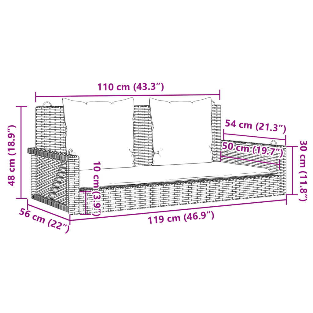 gyngebænk med hynder 119x56x48 cm polyrattan sort