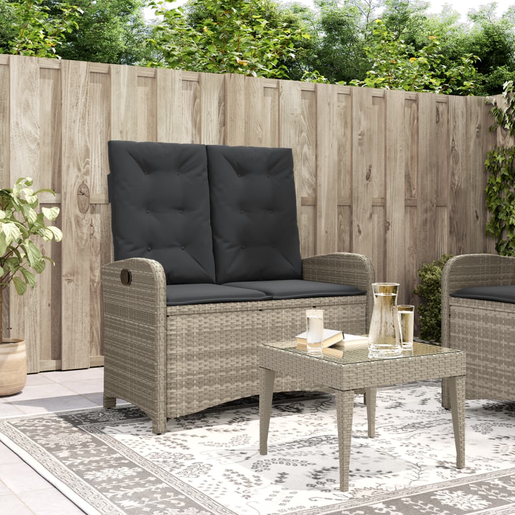 havebænk med hynder og lænefunktion polyrattan lysegrå