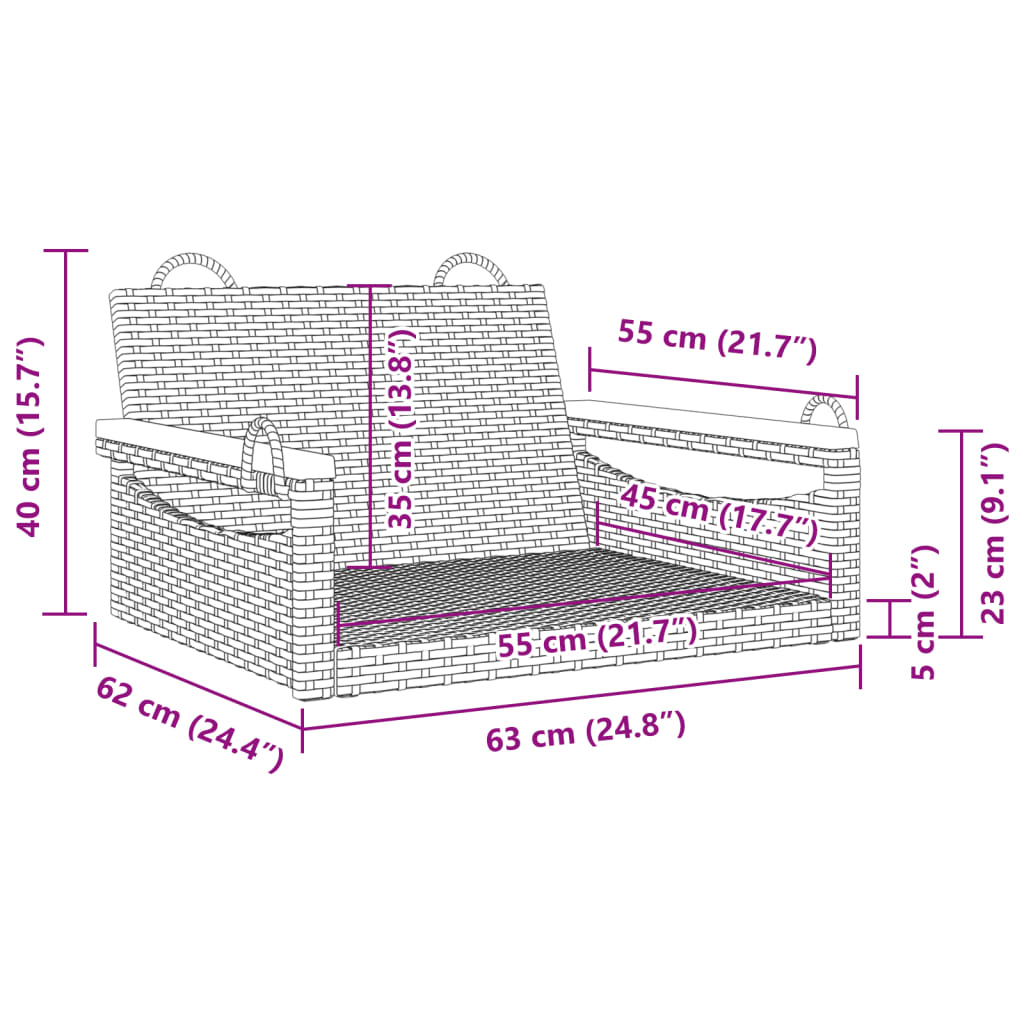 gyngebænk 63x62x40 cm polyrattan sort