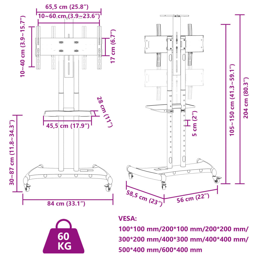 tv-stativ med hjul 32-70" skærm maks. VESA 600x400 mm 60 kg
