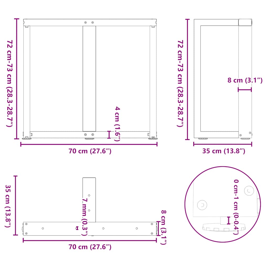 Spisebordsben T-formet 2 stk 70x35x(72-73) cm stål antracitgrå