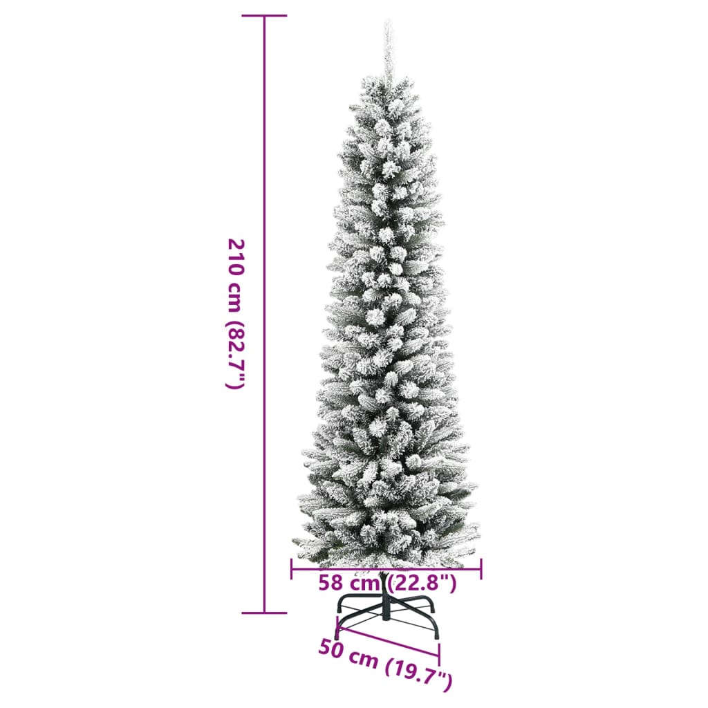 kunstigt smalt juletræ med sne 210 cm PVC og PE