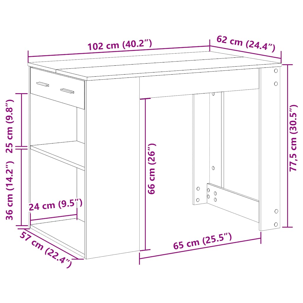 skrivebord med skuffe og hylde 102x62x77,5 cm sort-eg