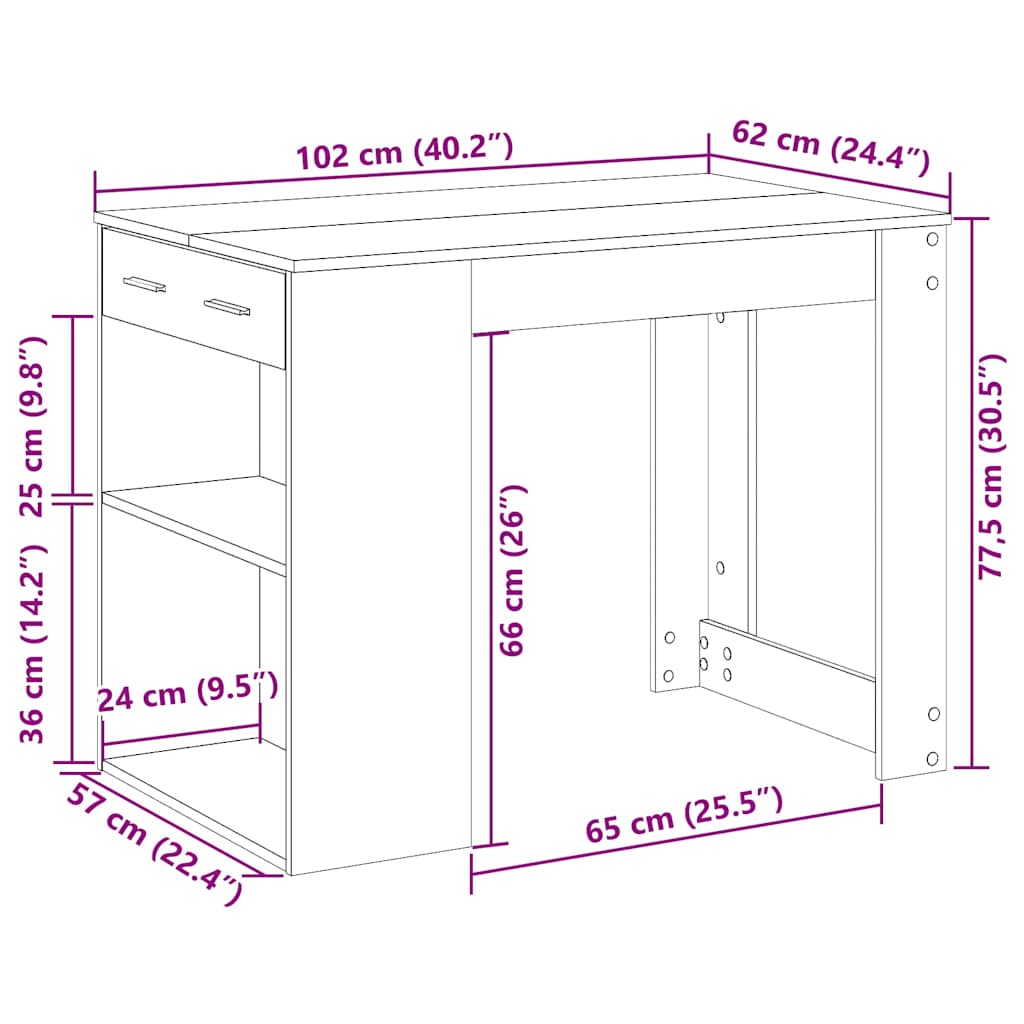 skrivebord med skuffe og hylde 102x62x77,5cm røget egetræsfarve