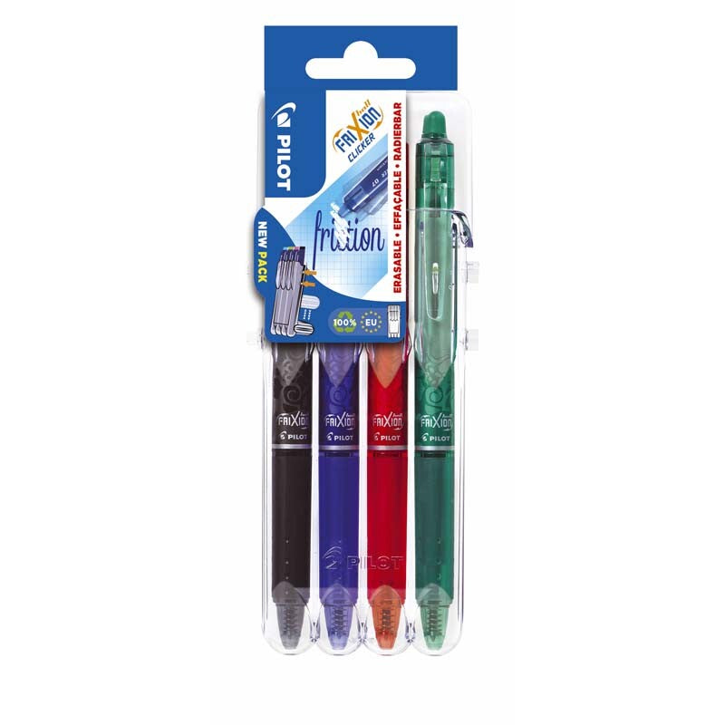 Kuglepen, Pilot Frixion, CLICKER, 0,7MM, assorteret, Sæt med 4 stk