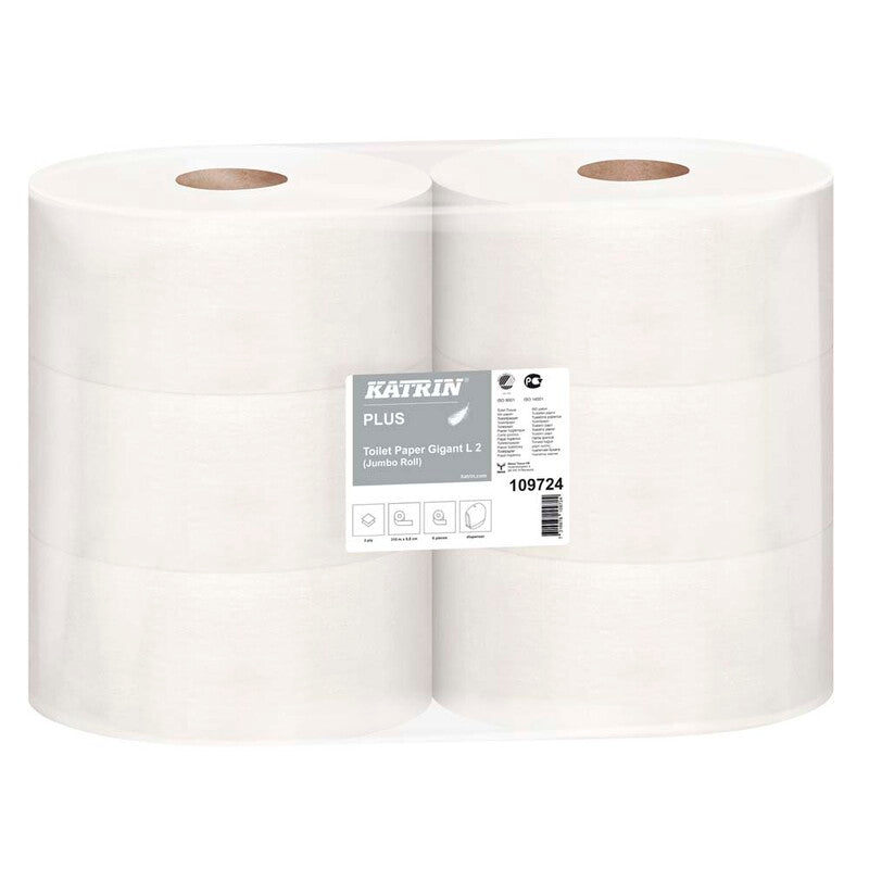 Toiletpapir Jumbo, Katrin, Plus, Gigant M, 2 lag, hvid x 310.00m, kasse a 6 ruller