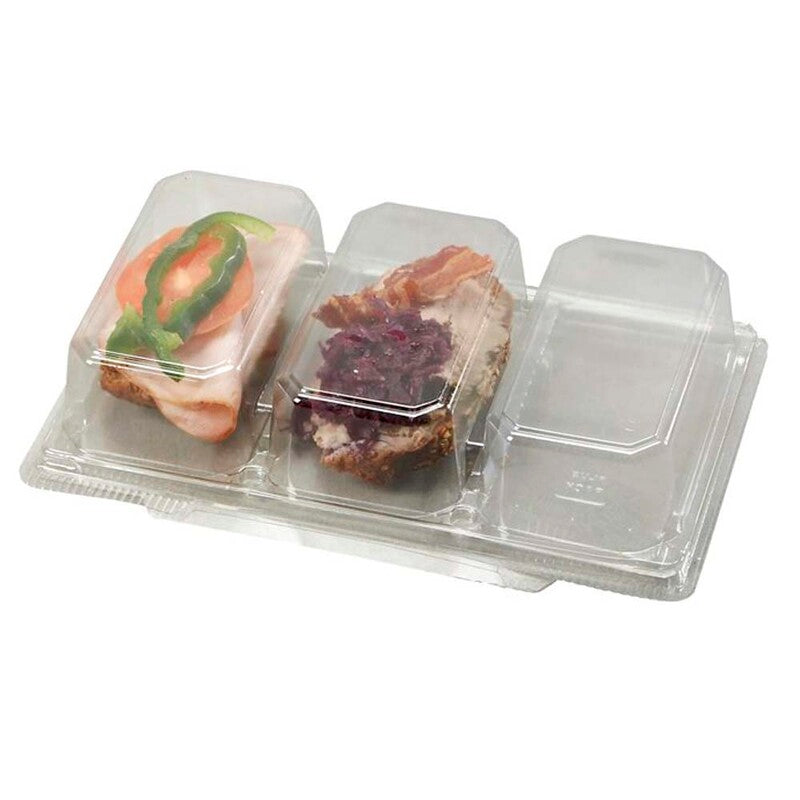 Plastbakke, Plus Pack, Sandwich, 3-rums, Rektangulær, 240x147x45mm, RPET, transparent, m/hængslet låg, karton a 176 stk