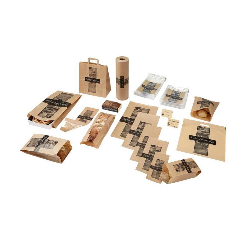 Papirpose med vindue, 70 x 180 x 445 mm, flat film, Papir, brun, Duften af brød & kager, pakke a 500 stk, Fødevaregodkendt