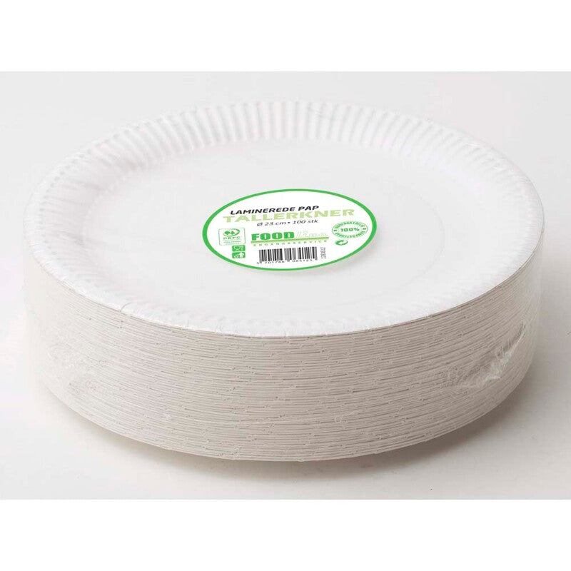 Tallerken middag, Rund, indvendig diameter 230.0 mm, biologisk nedbrydeligt papir, hvid, Compostable laminated, pakke a 100 stk, Fødevaregodkendt