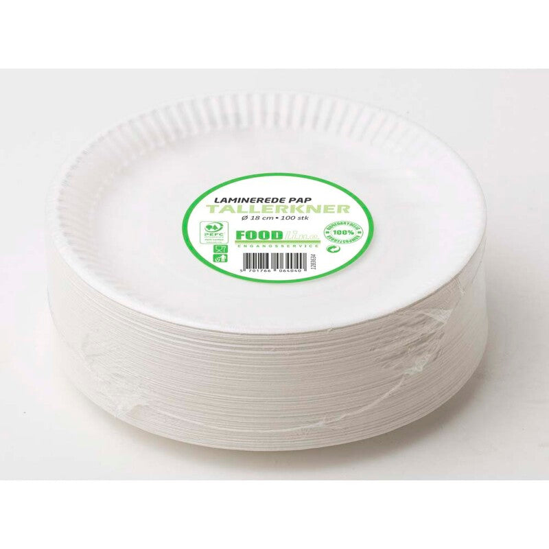 Tallerken frokost, Rund, indvendig diameter 180.0 mm, biologisk nedbrydeligt papir, hvid, Compostable laminated, pakke a 100 stk, Fødevaregodkendt