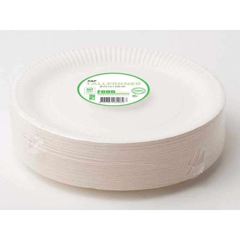 Tallerken middag, Rund, indvendig diameter 230.0 mm, biologisk nedbrydeligt papir, 195 g/m2, hvid, Compostable laminated, pakke a 100 stk