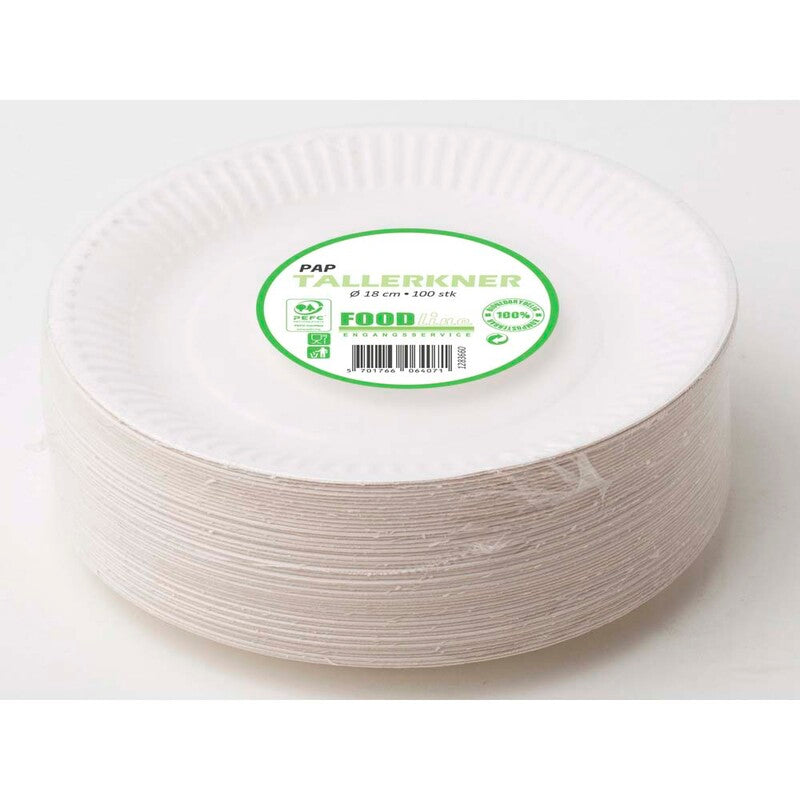 Tallerken frokost, Rund, indvendig diameter 180.0 mm, biologisk nedbrydeligt papir, hvid, komposterbar, pakke a 100 stk, Fødevaregodkendt