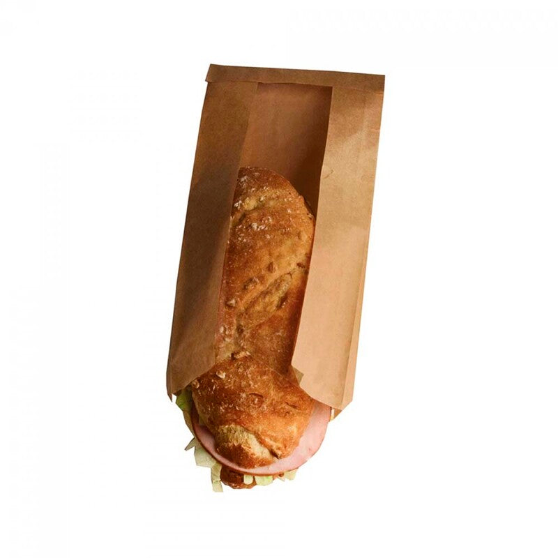 Papirpose med vindue, 140 x 310 mm, flat film, Papir, brun, pakke a 250 stk, Fødevaregodkendt