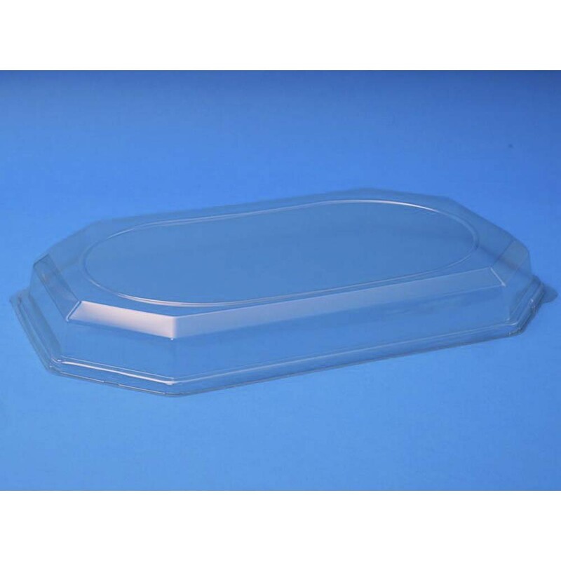 Låg t/cateringfad, Oval, 550 x 375 x 63 mm, transparent, Large, karton a 50 stk, Fødevaregodkendt