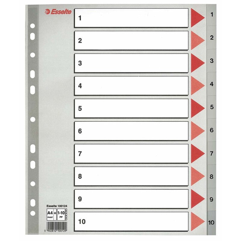 Register, Esselte, MAXI, A4,210x297mm, 1-10, grå, Pakke med 10 sæt