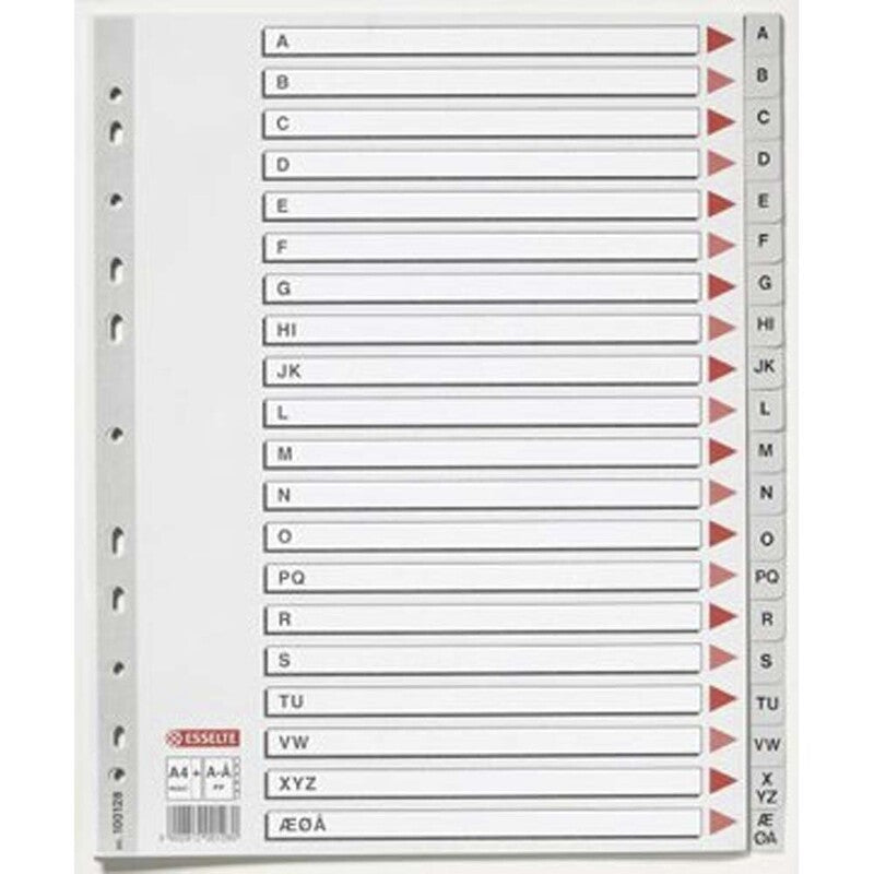 Register, Esselte, A4,210x297mm, A-Å, grå, Pakke med 10 sæt