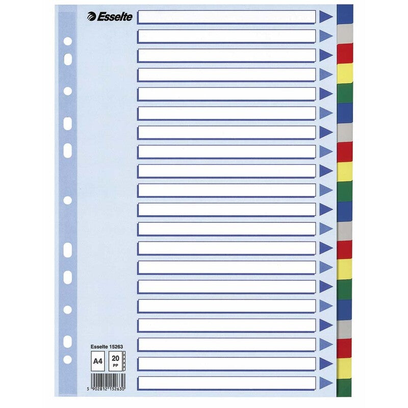 Faneblad, Esselte, A4,210x297mm, 20-delt, hvid, Pakke med 10 sæt