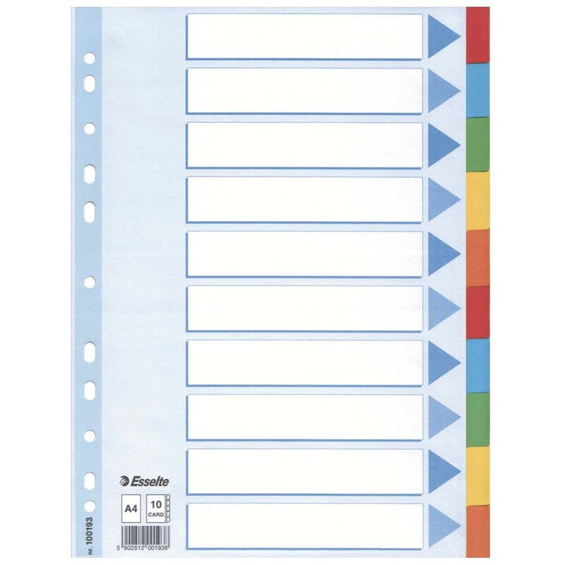 Faneblad, Esselte, A4,210x297mm, 10-delt, assorteret, Pakke med 10 sæt