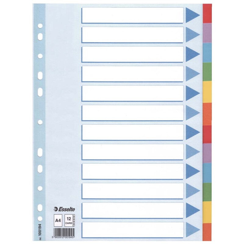 Faneblad, Esselte, A4,210x297mm, 12-delt, assorteret, Pakke med 10 sæt