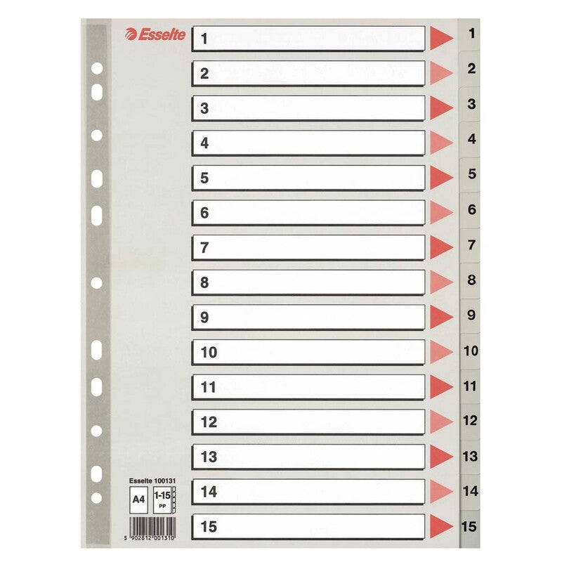 Register, Esselte, A4,210x297mm, 1-15, grå, Pakke med 10 sæt