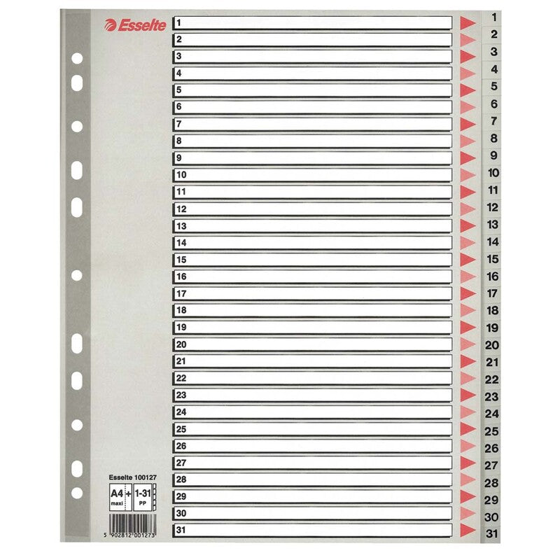 Register, Esselte, A4,210x297mm, 1-31, grå, Pakke med 10 sæt