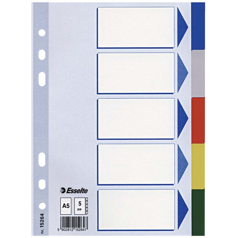 Faneblad, Esselte, A5,148x210mm, 5-delt, hvid, kasse a 20 sæt