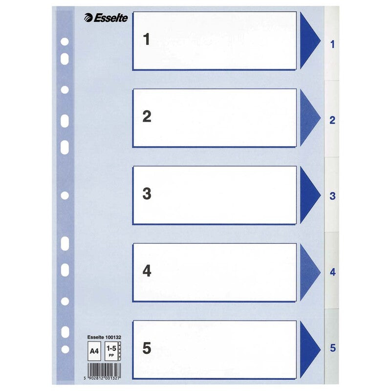 Register, Esselte, A4,210x297mm, 1-5, grå, kasse a 20 sæt