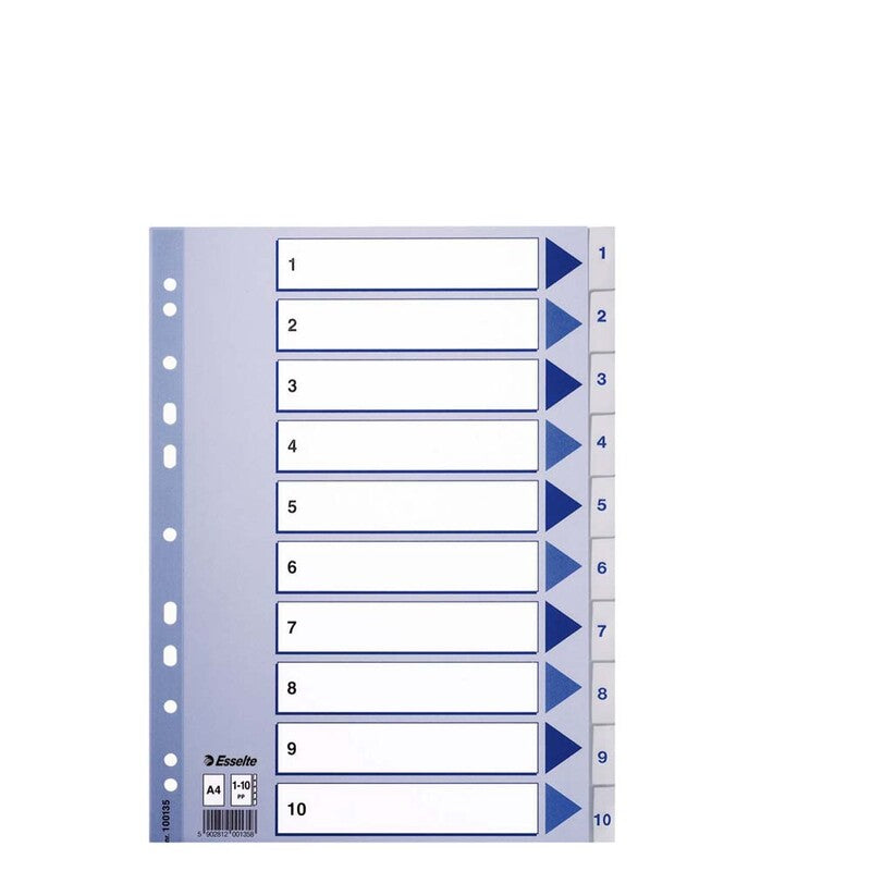 Register, Esselte, A4,210x297mm, 1-10, grå, Pakke med 10 sæt