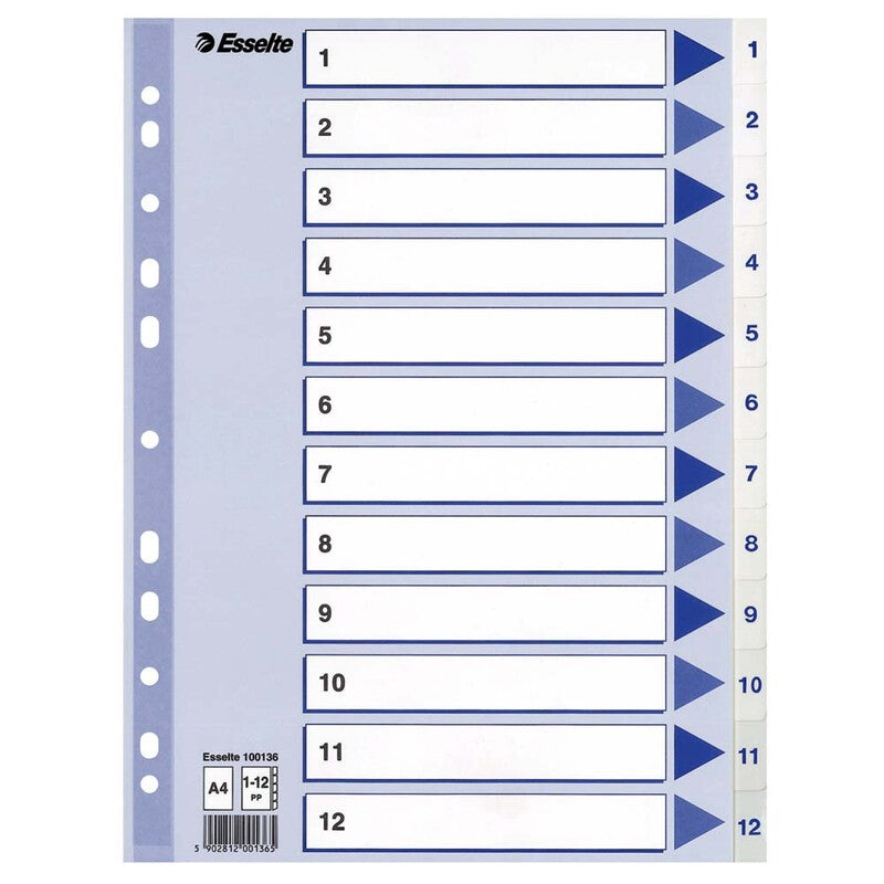 Register, Esselte, A4,210x297mm, 1-12, grå, Pakke med 10 sæt