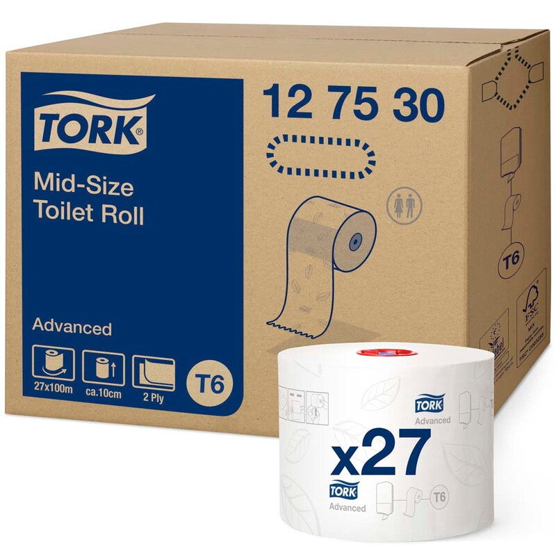 Toiletpapir Jumbo, Tork, Advanced, Mid-Size T6, hvid x 100.00m, kasse a 27 ruller, FSC Recycled Credit