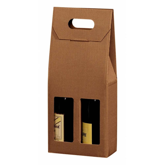 Gaveæske til vin, udvendig dim: 180 x 90, x 410 mm, indre dim: 180 x 90 x 380 mm, 1-lags,B-flute, særligt design, med håndtag, brun, 2 flasker, pakke a 20 stk