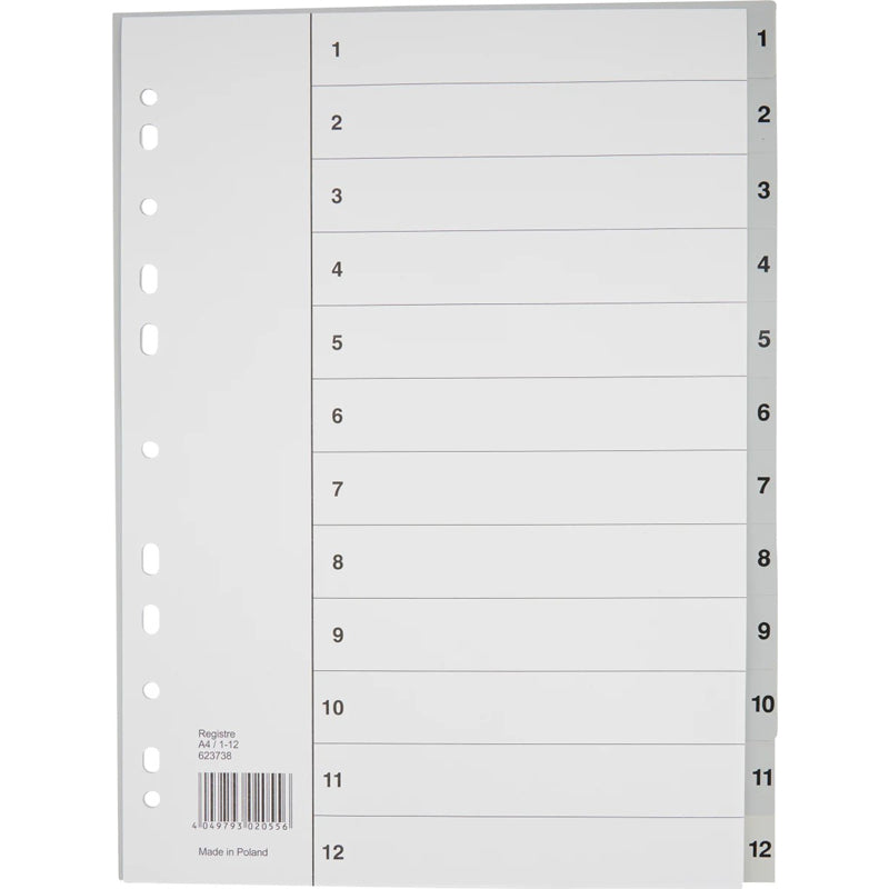 Register, Bantex, A4,210x297mm, 1-12, grå, sæt med 1 stk.