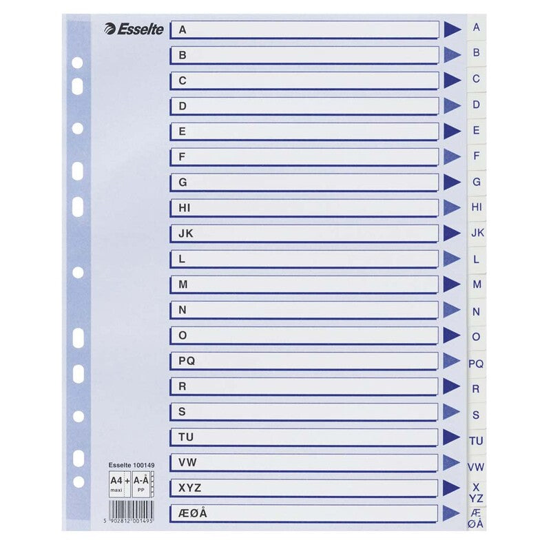 Register, Esselte, MAXI, A4,210x297mm, A-Å, hvid, Pakke med 10 sæt
