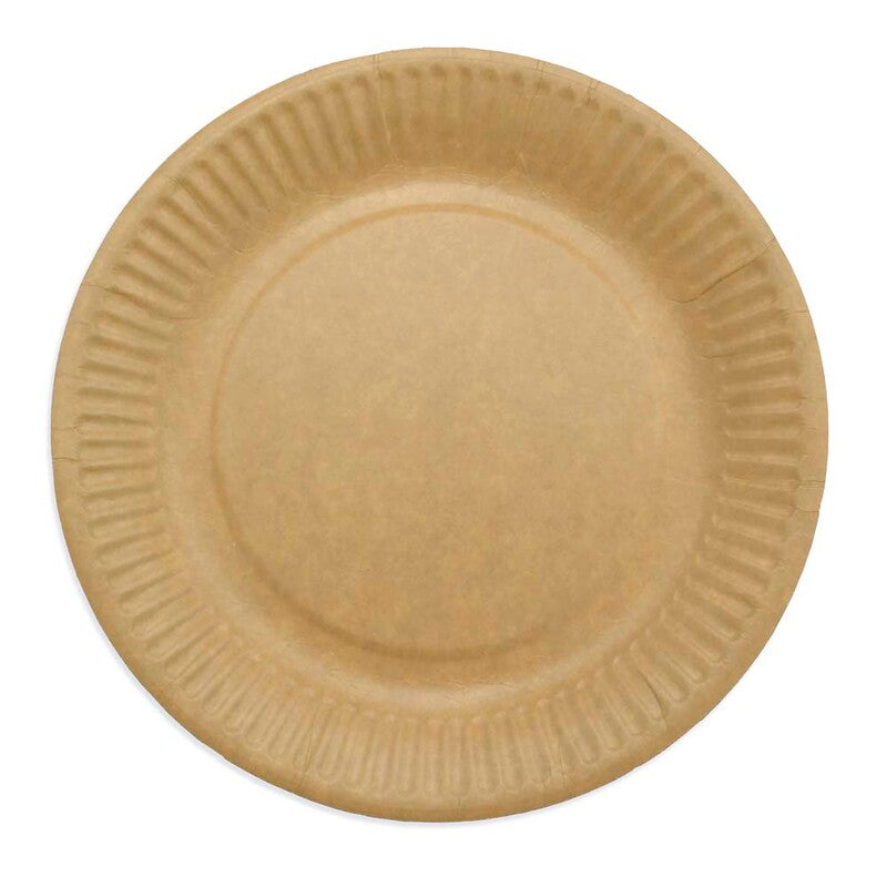 Tallerken frokost, Rund, indvendig diameter 180.0 mm, biologisk nedbrydeligt papir, brun, komposterbar, pakke a 50 stk, kasse a 8 pakker, palle a 70 kartoner