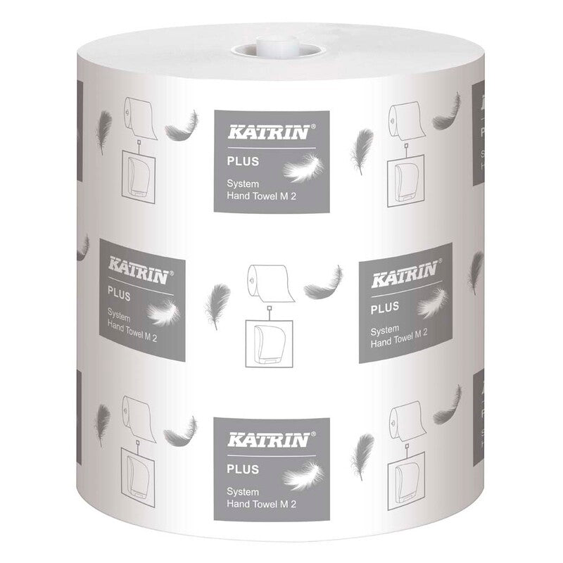 Papirhåndklæder rulle, Katrin, Katrin System, M Plus, 2 lag, hvid, 210mm x 140.00m, kasse a 6 ruller