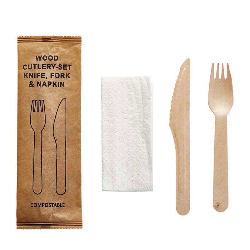 Træbestik, træ, træ, Cutlery set, Pakke med 500 sæt, Knife/Fork/Napkin, Fødevaregodkendt