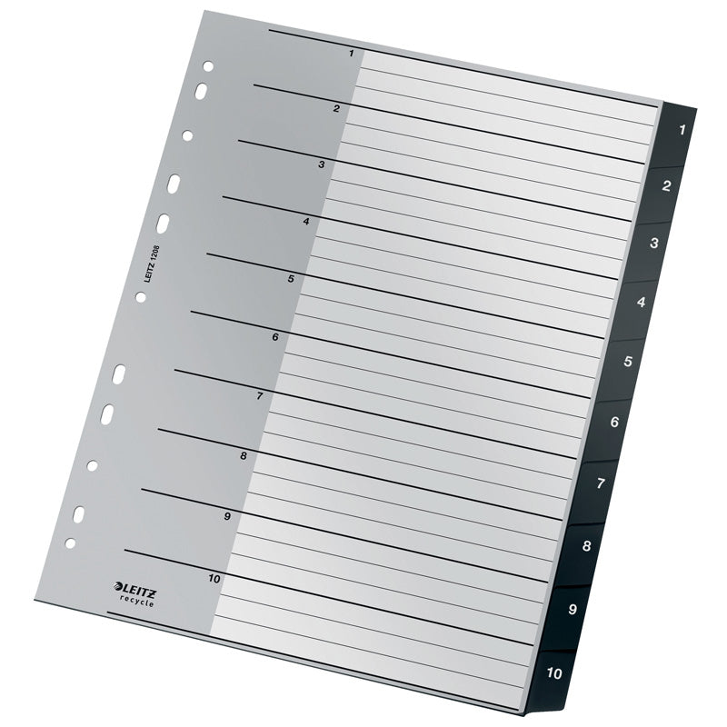 Register, Leitz Recycle, A4,210x297mm, 1-10, sort, Pakke med 10 sæt