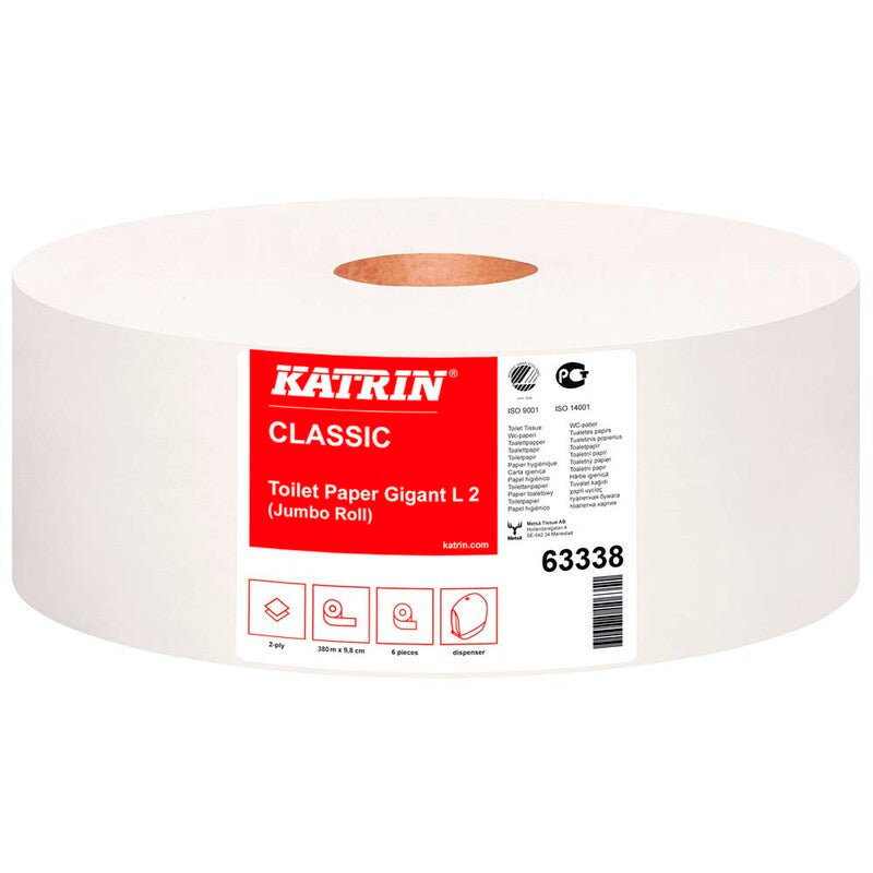 Toiletpapir Jumbo, Katrin, Gigant M, 2 lag, hvid x 380.00m, kasse a 6 ruller