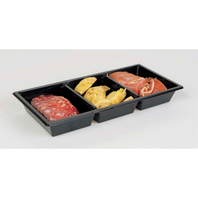 Plastbakke, Plus Pack Gourmet Express, 3-rums, Rektangulær, 600 ml, 250x120x31mm, PET, sort, karton a 464 stk